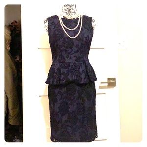 Adrian Papell  knee length navy lace peplum  dress
